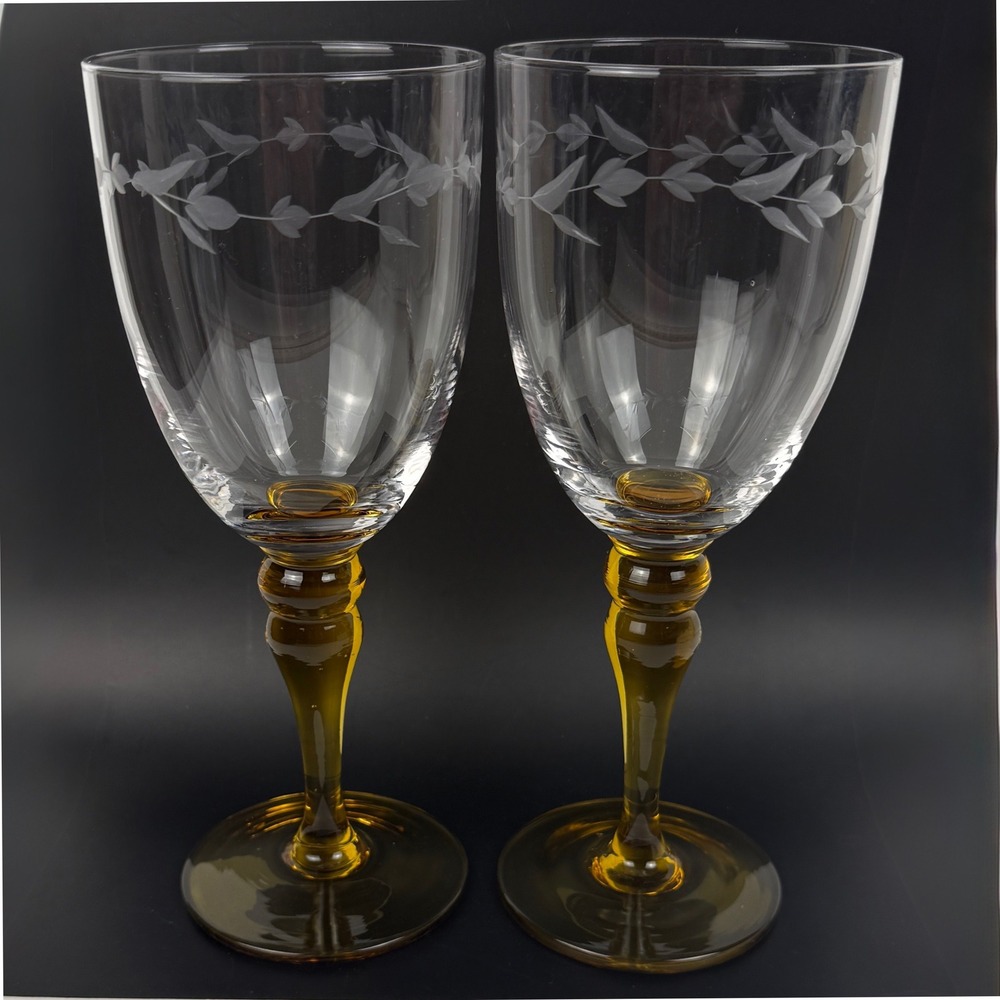 Vintage Set 2 Etched Wine Glasses Amber Stem Foot Clear Floral Goblets 9"